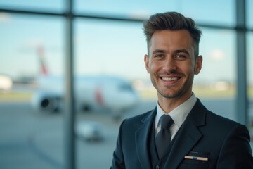 Fototapeta premium Head and shoulders Portrait of an elegant stylish South African young male flight attendant in uniform.