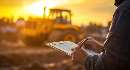 A construction worker uses a tablet at a construction site