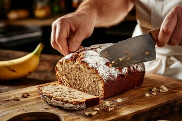 Freshly Baked Banana Bread with Nuts Being Sliced in Kitchen