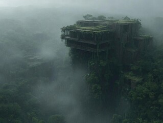 Fototapeta premium Overgrown Ruins: Nature Reclaims Lost Structures in Misty Forest