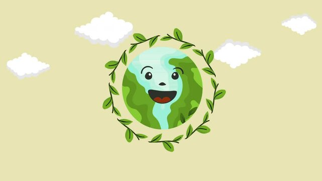 Cute cartoon earth character animation with leaves and clouds. Perfect for earth day and go green content, cream background
