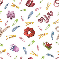 Watercolor illustrations of hairpins and hair items. Hand-drawn seamless pattern of isolated clip art on a white background. Bright and stylish pictures of realistic hairpins and hair care devices for