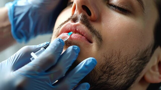 Male cosmetology treatment featuring lip enhancement procedure in a modern clinic setting