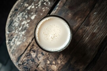 Sitting on a rustic wooden barrel top, a glass of nitro cold brew coffee showcases its creamy texture and cascading bubbles, enhancing the visual allure of the drink