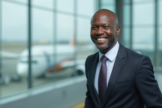 Head and shoulders Portrait of an elegant stylish Burundian 50 years old male flight attendant in uniform.