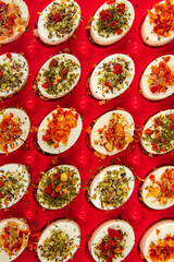 cheese appetizer soft cheese with herbs and tomatoes pieces fresh tasty food dish delicious gourmet food background on the table rustic food top view copy space