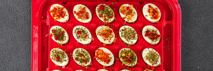 cheese appetizer soft cheese with herbs and tomatoes pieces fresh tasty food dish delicious gourmet food background on the table rustic food top view copy space