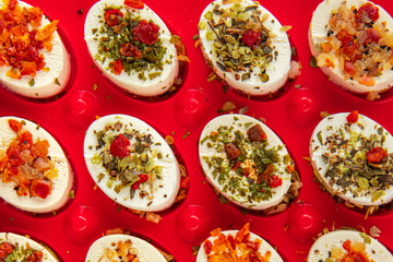 cheese appetizer soft cheese with herbs and tomatoes pieces fresh tasty food dish delicious gourmet food background on the table rustic food top view copy space