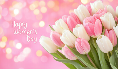 Obraz premium Happy Women's Day. A bouquet of pink and white tulips for a spring celebration of women's day 