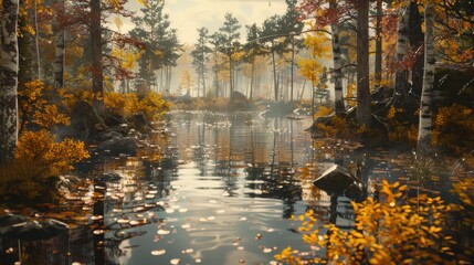 Tranquil Autumn Landscape with Calm Water and Colorful Foliage
