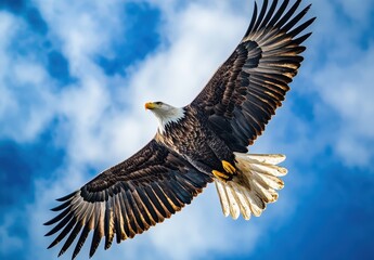 Fototapeta premium Majestic Bald Eagle Soaring with Outstretched Wings Against a Bright Blue Sky with Fluffy White Clouds in a Serene Natural Environment