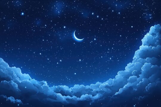 In the night sky, there is a beautiful crescent moon surrounded by clouds - Powered by Adobe