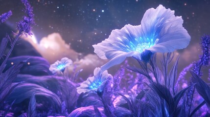 Glowing flowers bloom brightly under a starry purple night sky