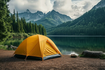 Camping tent in the forest. Campsite in mountains, summer landscape with tourist camp, hiking adventure and outdoor leisure activity