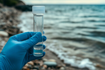 Water quality test. Scientist analyzing liquid sample in test tube, chemical examination of water pollution with microplastics