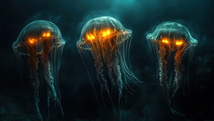 Fototapeta premium Three glowing jellyfish in dark water.