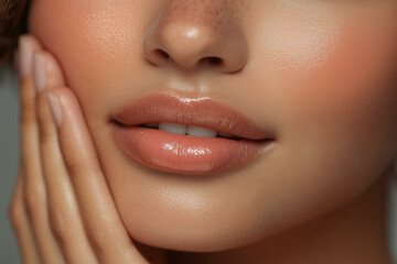 Beautiful woman natural lips. Young girl with clean skin and plump mouth, perfect fresh makeup and skincare or cosmetology lip filler treatment concept