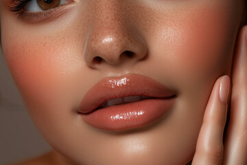 Naklejka premium Beautiful woman lips close-up. Plump girl mouth with shiny lipstick, perfect makeup and skincare concept. Young female face part, fashion glamour look
