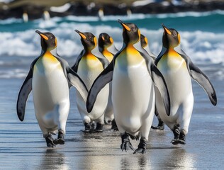 Fototapeta premium A Group of King Penguins Walking Along the Shoreline with Ocean Waves and Rocky Background Under Bright Clear Sky in Natural Habitat