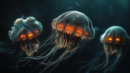 Three glowing, monstrous jellyfish swim in dark water.
