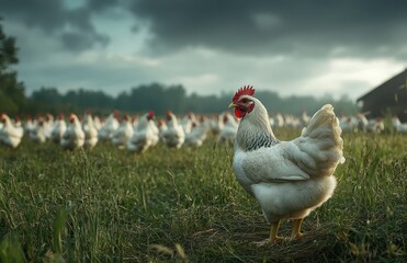 Fototapeta premium A lone white chicken stands confidently in a grassy field with a flock of chickens grazing in the background under a cloudy sky at sunset