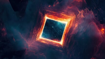 Glowing Square Portal Reveals Abstract Cosmic Nebulous Space Interior