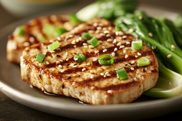 Grilled Pork Chops with Sesame Seeds and Green Onions on Plate