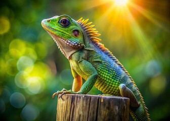 Fototapeta premium Sinharaja Rainforest Lizard: Vibrant Green Reptile Basking on Wood
