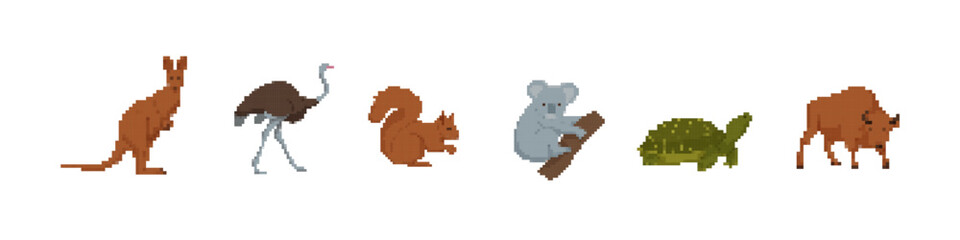 Fototapeta premium Pixel art of various animals, including a koala, squirrel, ostrich, and kangaroo, showcasing creativity.