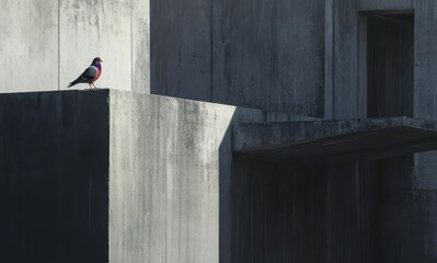 A solitary bird perched on a concrete structure against a minimalist architectural background showcasing shadows and light in morning sunlight.