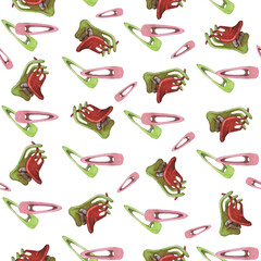 Watercolor illustrations of hairpins and hair items. Hand-drawn seamless pattern of isolated clip art on a white background. Bright and stylish pictures of realistic hairpins and hair care devices for