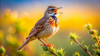 Skylark Singing on Branch - Spring Meadow Bird Photography