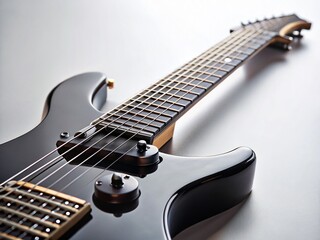 Sleek Black Electric Guitar Neck, Isolated on White Background - Stock Photo