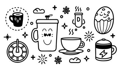 Set of Cute Coffee Doodle Illustration, Kawaii Coffee Cup, French Press, Coffee Beans, and Hand-Drawn Elements in Black and White vector silhouette art illustration clip-art. 