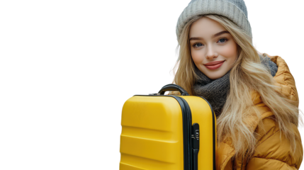 young girl with a suitcase isolated on transparent background.