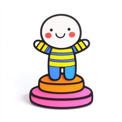 Obraz premium Cute cartoon character with a smiling face standing on colorful stacking rings in a minimalist style