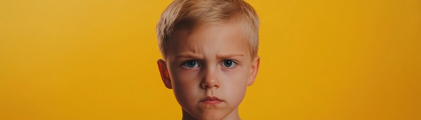 Boy with serious expression against yellow background