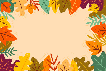 colorful autumn leaves forming a border on a light beige background.
