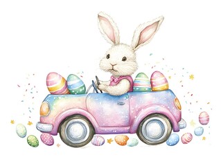 Cute Easter Bunny Driving Pastel Pink Toy Car Loaded with Colorful Eggs