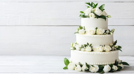 Elegant Wedding Cake with White Roses and Green Leaves Decoration