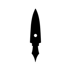 Minimalist black silhouette of a fountain pen nib on a white background