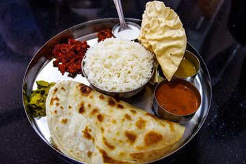 Plate of Indian food (thali), Karnataka, India, Asia