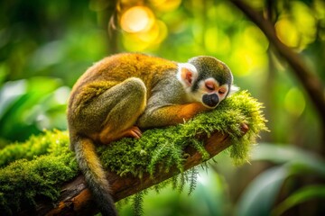 Fototapeta premium Sleepy Squirrel Monkey in Lush Jungle Canopy: Siesta in Warm Sunlight