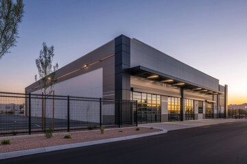 Obraz premium Modern warehouse in desert at dusk with golden hour light, black fence, and architectural design