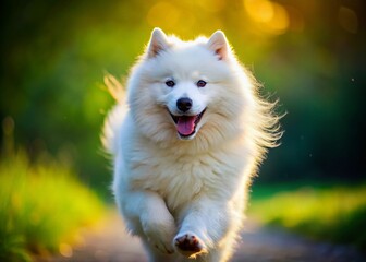 Slow Motion Samoyed Dog Running, Fluffy White Fur, Macro Photography Details