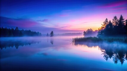 Fototapeta premium Dark blue background with gradient of purple and teal colors, set against a misty landscape at dawn, atmospheric conditions, color gradient