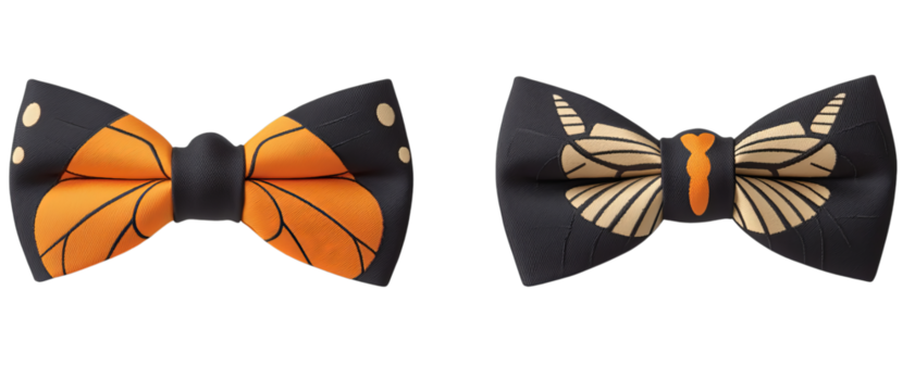 Png of Elegant butterfly-themed bow ties in black and orange – stylish fashion accessories with intricate wing patterns on transparent background.