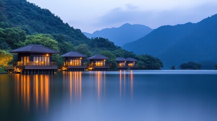 Fototapeta premium Tranquil Dusk Over a Lake with Rustic Cabins