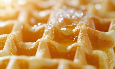 Close-up of a golden waffle with honey syrup glistening under warm light