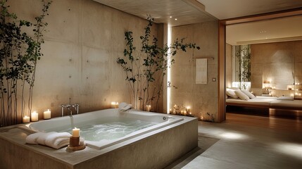 Tranquil spa-inspired bathroom with stone grey and warm wood accents, smooth concrete walls, freestanding white bathtub, candlelight, and eucalyptus branches for a rejuvenating, minimalist atmosphere.